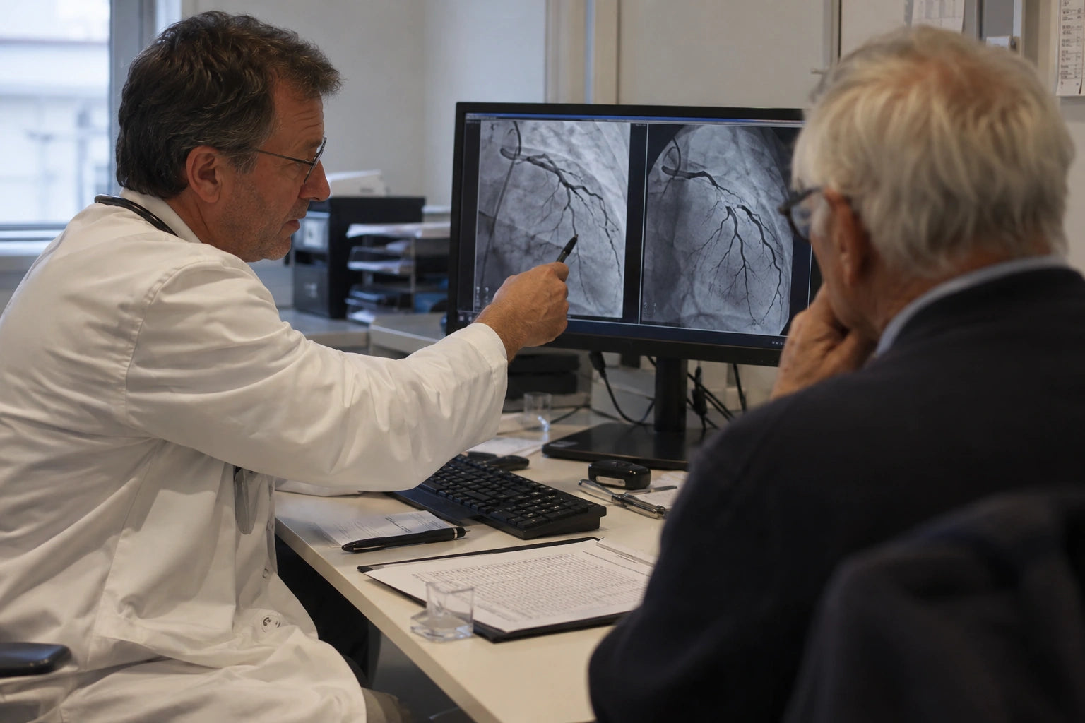 Dr. Matthias Kröger zeigt einem Patienten per Ultraschall ein Restharnvolumen von 95 ml.