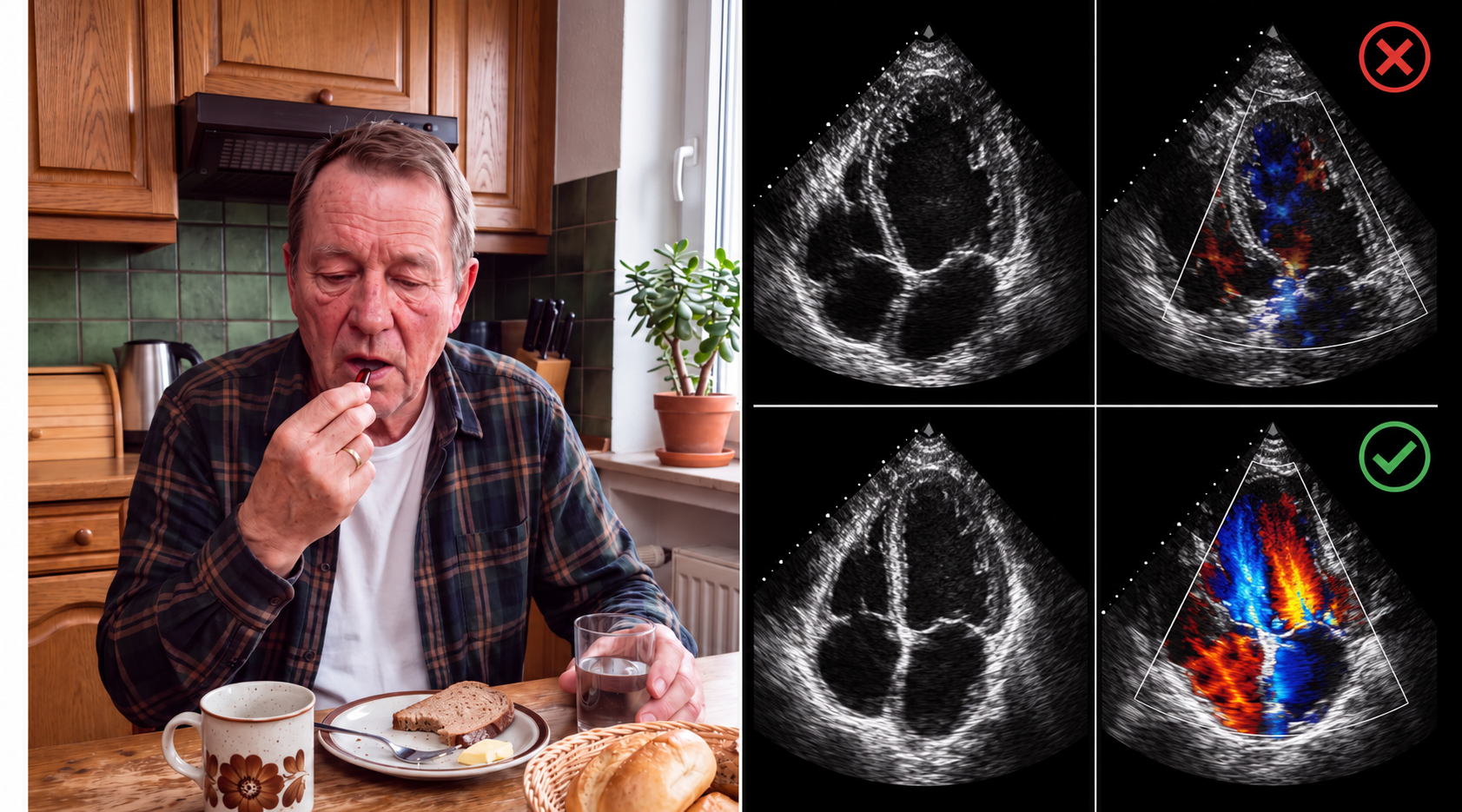 Ein Mann nimmt eine Knovita-Kapsel; daneben Ultraschallbilder der Prostata vor und nach der Behandlung.